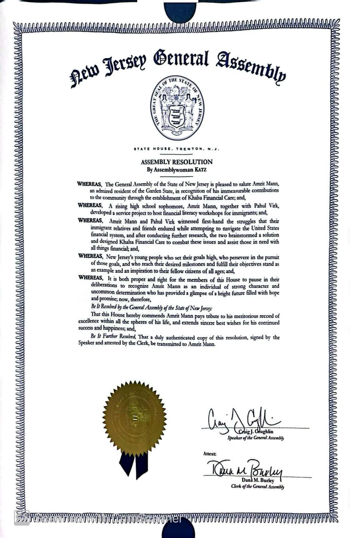 New Jersey General Assembly ceremonial resolution honoring Amrit Mann