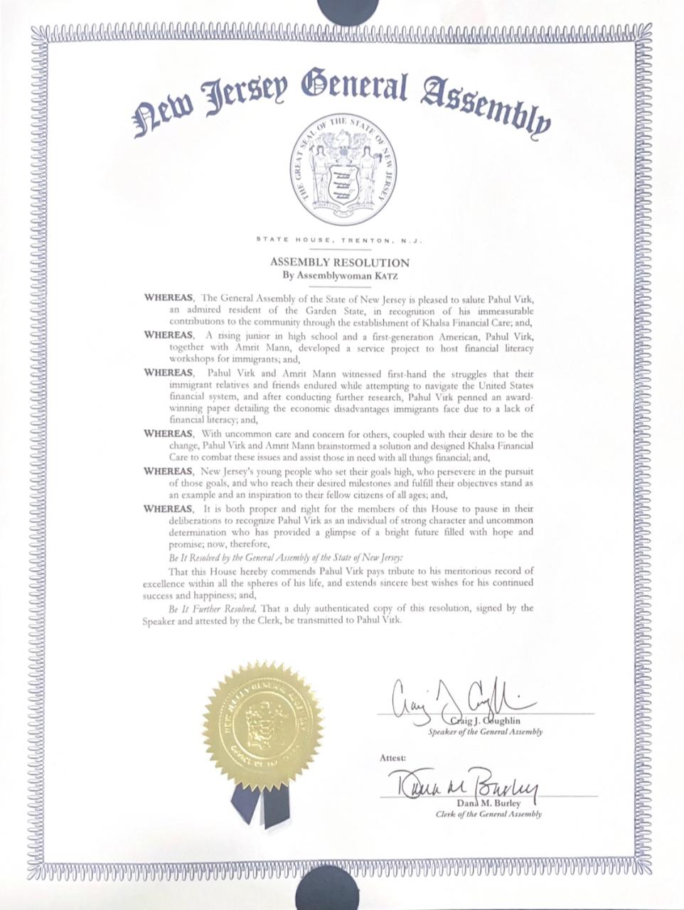New Jersey General Assembly ceremonial resolution honoring Pahul Virk